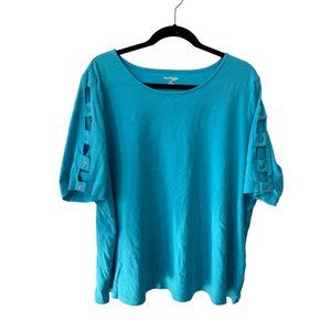 Kim Rogers Ladder Trim Cutout Tshirt Womens Scoop Neck Cotton 3X Teal Blue